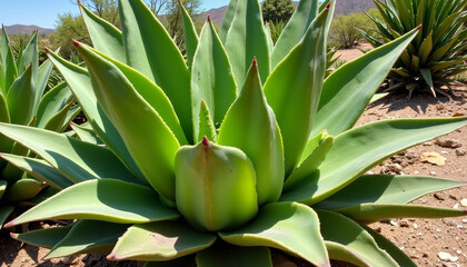 Obraz premium Lush green agave plant thrives in the warm desert sunlight showcasing its vibrant, sculptural forms and natural beauty