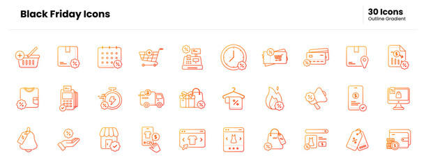 Black friday icon set. black friday, discount, e-commerce, online shop, promotion, advertising, offer, sale, business, store, marketing, event, shopping. Vector gradient outline icon illustration