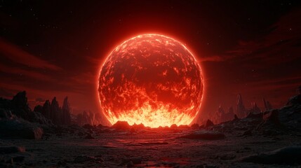 nuclear war world concept. Fiery red sun in a dark landscape