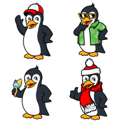 Cute penguin characters set. Adorable penguins  eating ice cream cartoon vector illustration