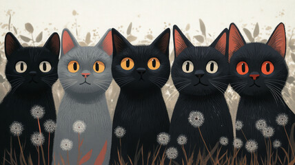 Obraz premium Five cats with striking eyes in dandelion meadow background