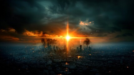 Fototapeta premium nuclear war world concept. Dramatic sunset over a city skyline