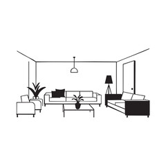 minimalist living room interior in black and white line art