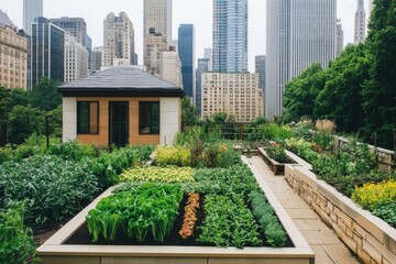 Fototapeta premium Urban rooftop garden with lush greenery against cityscape for eco-friendly design inspiration