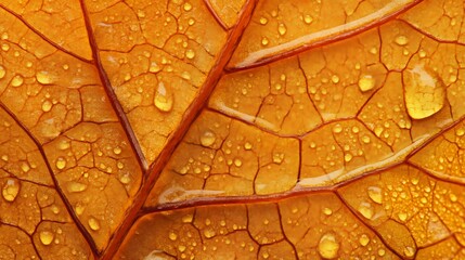 Fototapeta premium Golden Autumn Leaf Veins Dew Drops