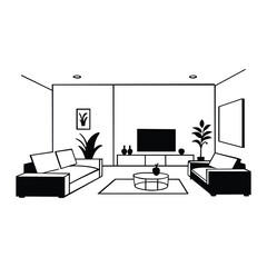 minimalist living room interior in black and white line art