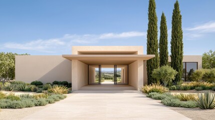 Fototapeta premium Modern architectural design of a serene desert home with landscaped entrance
