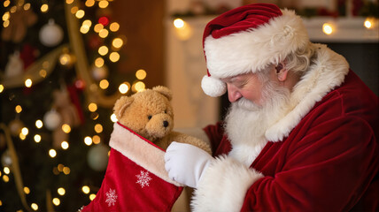 Santa holding stocking with teddy bear and gifts