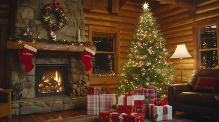 Fototapeta premium Cozy Christmas Scene with Decorated Tree, Wrapped Gifts, and Warm Cabin Lighting. Festive Atmosphere with Intricate Details of Gift Boxes and Twinkling Lights.