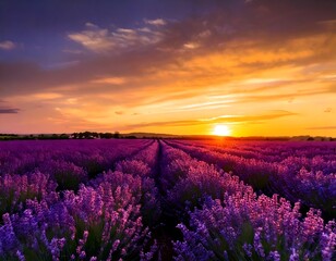 Fototapeta premium Lavender field at sunset, with rows of blooming flowers and the sky painted in warm hues. Rural landscape concept 