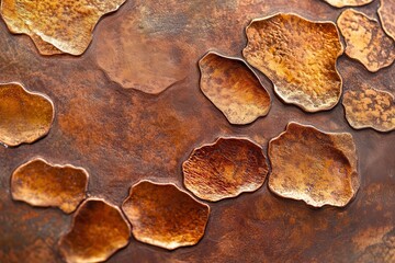 Obraz premium Close-up of embossed copper sheet; rich, textured surface. Ideal for backgrounds, textures, or design projects needing a metallic, aged look.