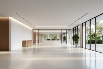 Fototapeta premium Minimalist reception area with bright lighting and modern furnishings in a contemporary setting