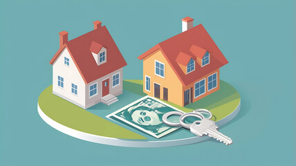 Investment Concept illustration, Miniature House with Golden Key on Top of Property Documents