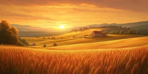 Fototapeta premium Serene Golden Wheat Field Under Majestic Sunset with Rolling Hills, Tranquil Sky and Peaceful Countryside House in the Background