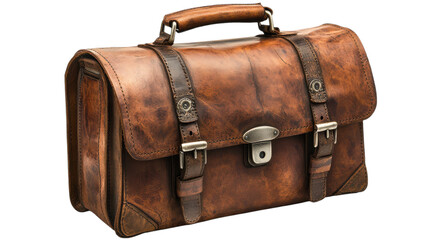 A beautifully crafted leather bag sits on a plain surface, featuring rich tones and intricate stitching