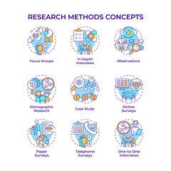 Research methods multi color concept icons. Data collecting, survey. Marketing strategy. Icon pack. Vector images. Round shape illustrations for infographic, presentation. Abstract idea