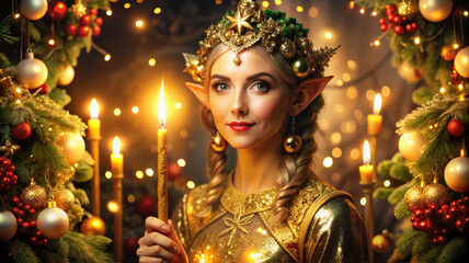 Woman holding candles in Christmas setting