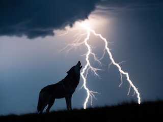 Fototapeta premium Mean wolf howling under lightning strikes stormy night wildlife photography dramatic landscape captivating atmosphere