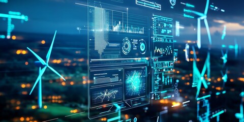Futuristic interface with data visualization and charts over a cityscape at night showcasing technological advancement and renewable energy concepts