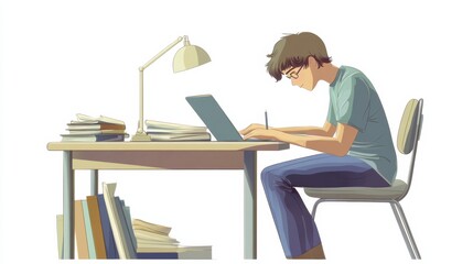 A student studying at a desk with books and notes scattered around