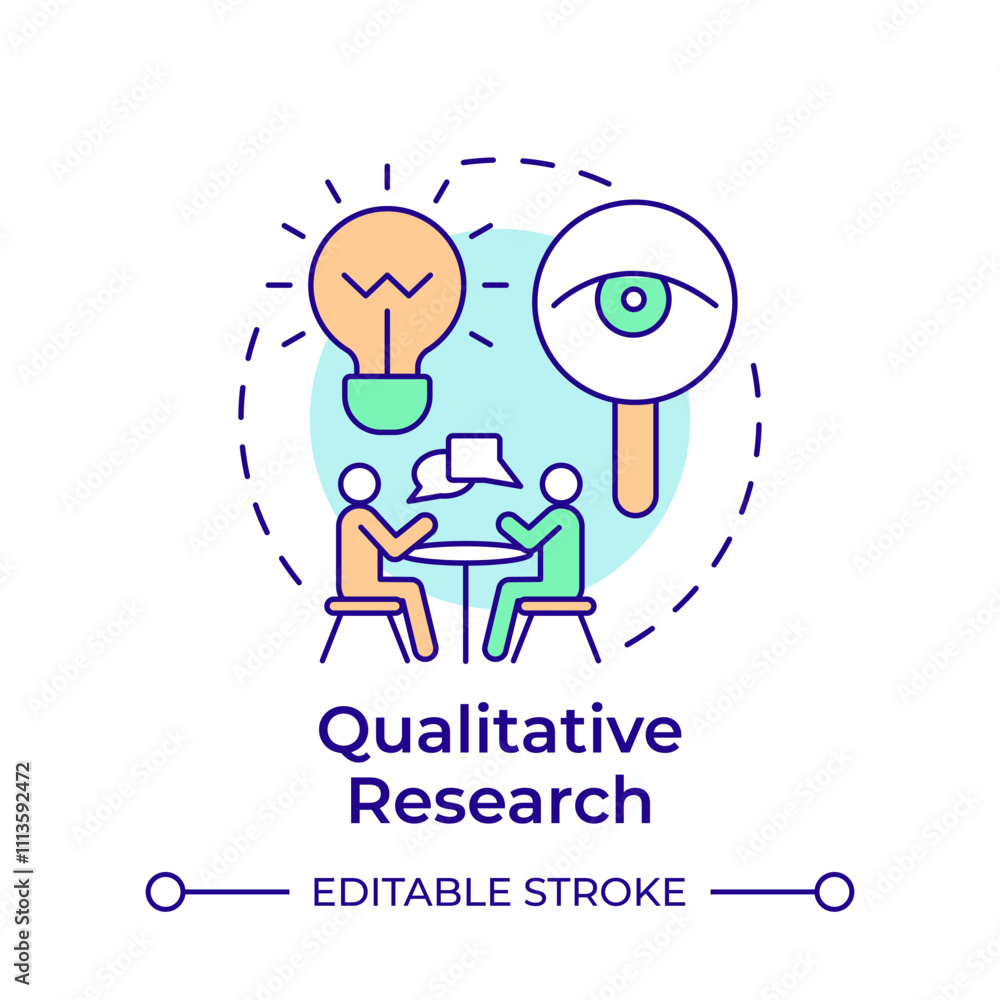 Poster qualitative research multi color concept icon. data collecting. interview, communication. round shap