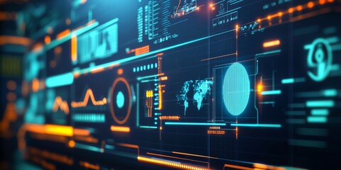 Obraz premium Futuristic Data Visualization Interface with Charts, Graphs, and Digital Elements in Neon Colors for Technology and Business Concepts