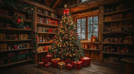 Cozy Christmas Scene with Decorated Tree, Wrapped Gifts, and Warm Cabin Lighting. Festive Atmosphere with Intricate Details of Gift Boxes and Twinkling Lights.