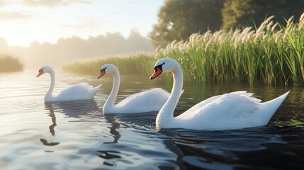 Obraz premium Elegant swans gliding on calm water in a serene natural setting at dawn
