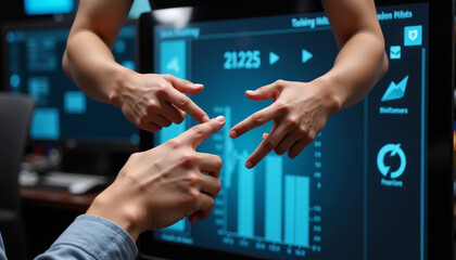 Collaborative analysis of data trends in a modern workspace at twilight