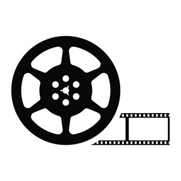 recommend clip art: Film reel with movie strip vector icon. Twisted old cinema tape. Black silhouette isolated on white background.