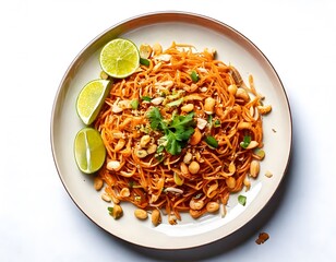 Overhead shot of a Thai pad Thai noodle dish with stir-fried noodles, peanuts, lime, and herbs. Thai cuisine concept