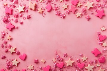 Valentine's Day celebration with a pink background filled with hearts and stars. Flat lay top view with empty space for romantic messages, love cards, and festive decorations.