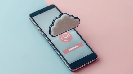 Mobile payment and authentication, A smartphone displays a cloud icon, symbolizing cloud storage and technology, set against a dual-colored background of blue and pink.