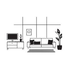 minimalist living room interior in black and white line art