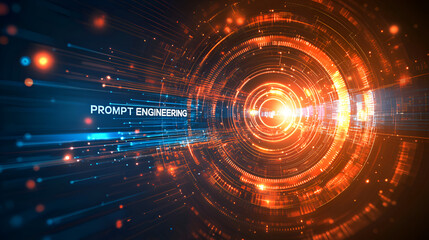 Obraz premium Futuristic Abstract Digital Prompt Engineering Art Featuring Generative AI and Large Language Models in Vibrant Orange and Blue Tones