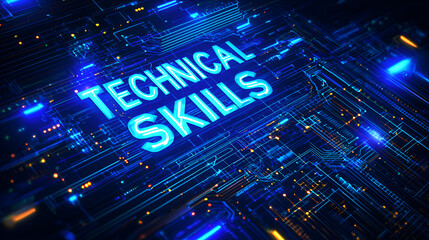 Obraz premium Blue Circuit Board Abstract with Glowing Text Symbolizing Digital Innovation and Technical Skills in Modern Technology