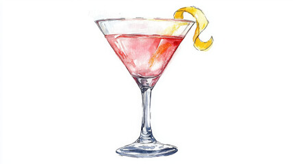 vibrant watercolor illustration of martini with lemon twist