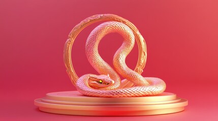 Obraz premium A stylized snake coiled around a circular pedestal, glowing against a pink background.