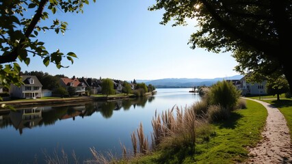 A scenic square trail lined with houses beside a tranquil lake under a clear blue sky, neighborhood, frame