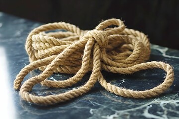 Fototapeta premium A coiled piece of natural rope rests on a dark, textured surface, showcasing its twisted fibers and rustic appearance.