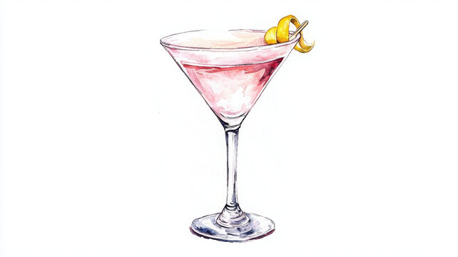 playful watercolor illustration of martini with lemon twist