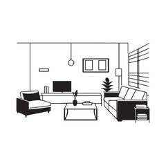 minimalist living room interior in black and white line art