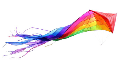 Obraz premium A vibrant kite with rainbow colors glides gracefully in the breeze, its long flowing tails trailing behind. A perfect day for outdoor fun and exploration