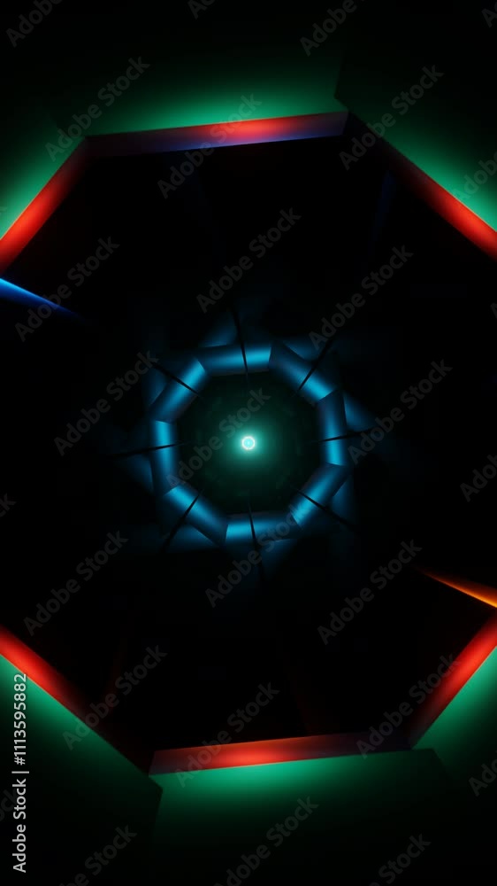 Poster vertical video of abstract glowing shapes spinning in a rhythmic seamless vj loop