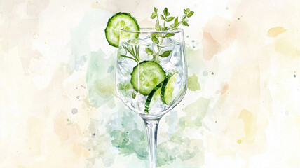 Refreshing cucumber drink in glass with herbs and watercolor background