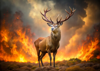 majestic stag stands defiantly amidst backdrop of blazing wildfire, showcasing its strength and resilience in face of danger