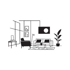 minimalist living room interior in black and white line art