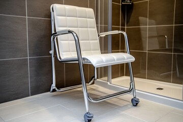 Modern White Folding Shower Chair with Chrome Frame in Contemporary Bathroom Setting, Luxurious Comfort and Elegant Design, Clean and Minimalist Decor Concept