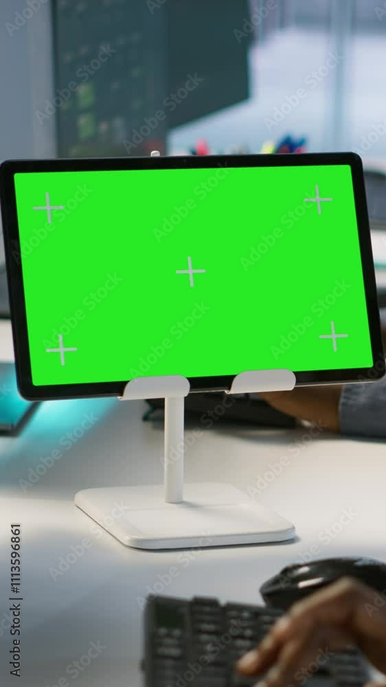 Poster vertical video close up of green tablet in server room used by system administrators to ensure minim