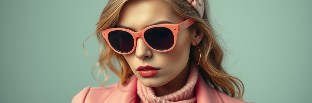 A woman wearing a broken pink pair of sunglasses, with the frame split in the middle, looking somberly at the camera, broken, fashion
